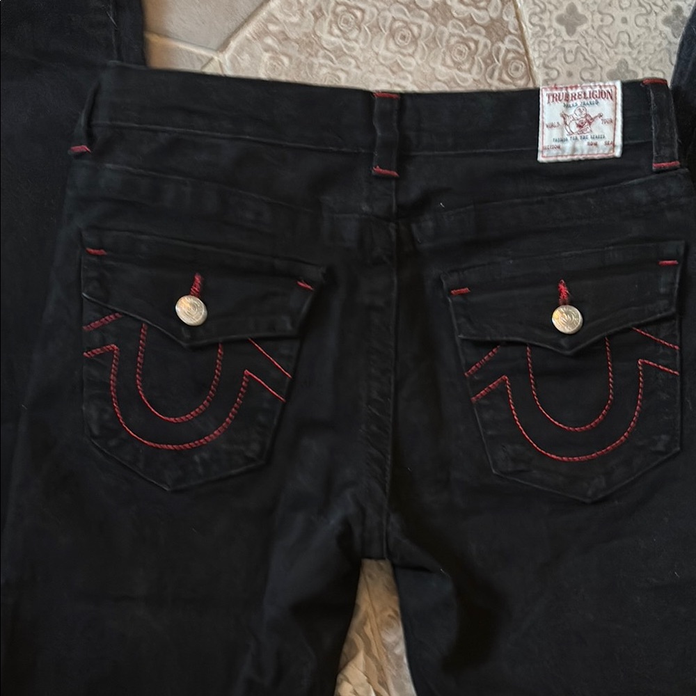 True Religion Women's Black Jeans with Red Stitching